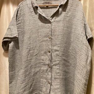 FLAX 100% Linen Button Down Top- Large Blue/Cream Weave